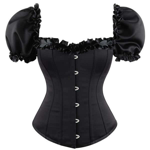 Schwarzes, dickeres Vollbrustkorsett-Oberteil aus Satin mit Hofausschnitt und elastischen Puffärmeln, Lolita Victorian Plastic Bones Shaper Bustiers in Übergröße S-6XL