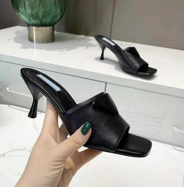

name brand sandals women's shoes brushed leather women slippers high heels pumps inverted triangle flip flops flat slides screen-printe, Black