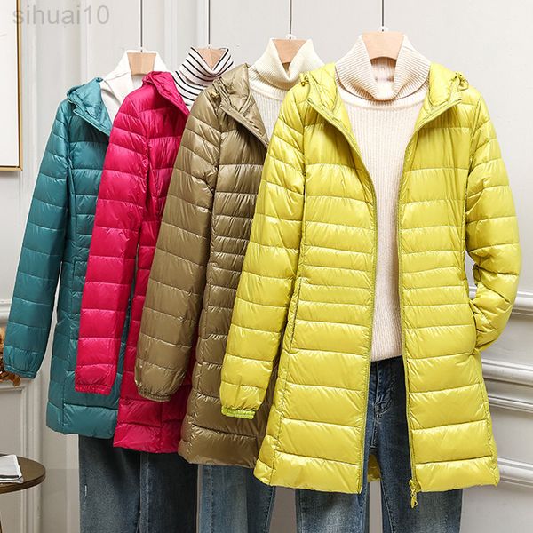 Frauen Puffy Jacken Ultraleicht Ente Unten Jacke 2022 Neue Herbst Winter Tragbare Kapuze Parka Mantel Windjacke Outwear 6XL 7XL L220730