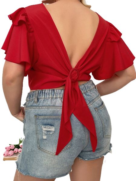 

plus flutter sleeve buckled detail backless blouse i728#, Black