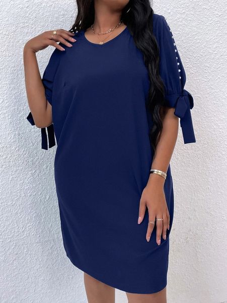 

plus knot cuff pearls beaded puff sleeve tunic dress l5ie#, Black