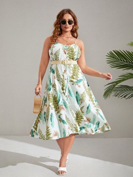 

plus tropical print button front cami dress without belt y1yo#, Black