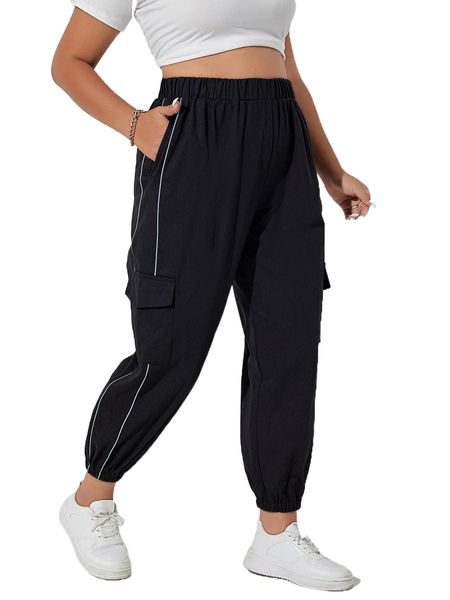 

plus taped side flap pockets cargo pants b0xx#, Black