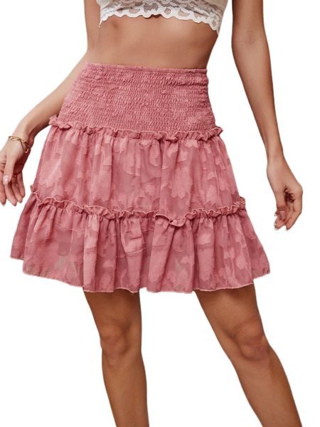 

shirred waist layered hem chiffon skirt t71y#, Black