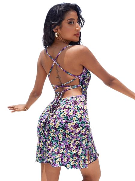 

ditsy floral lace-up backless slit hem cami dress o3hw#, Black;gray