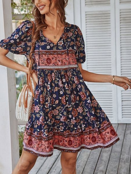 

floral print tie neck puff sleeve ruffle hem smock dress 08n1#, Black;gray