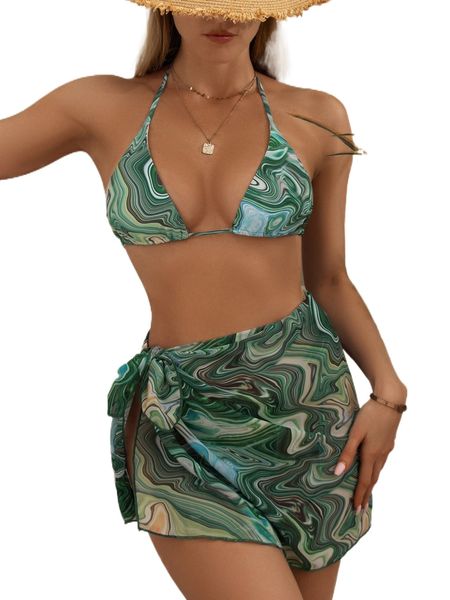 

marble print halter triangle bikini swimsuit with beach skirt 20uv#, White;black