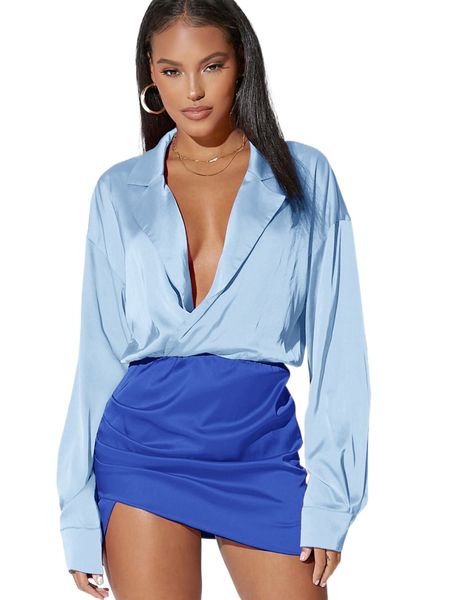 

bae colorblock drop shoulder lapel neck dress 00qx#, Black;gray