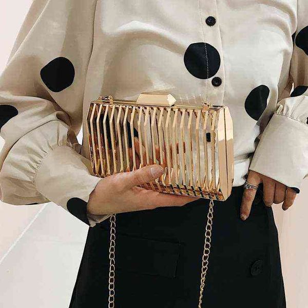 

golden evening bags fashion metal box women designer hollow shoulder luxury crossbdoy lady chains purses charm party clutch female purse 230