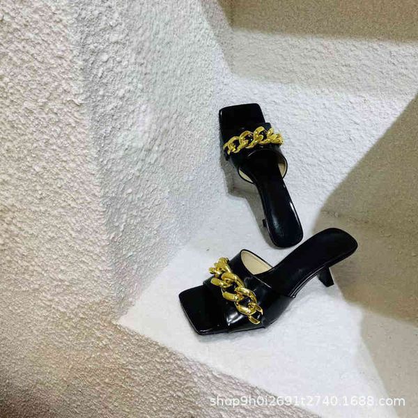 

sandals fashion metal chain patent leather thin heel cover toe line sandals summer women's shoes wear square head high-heeled slippers, Black
