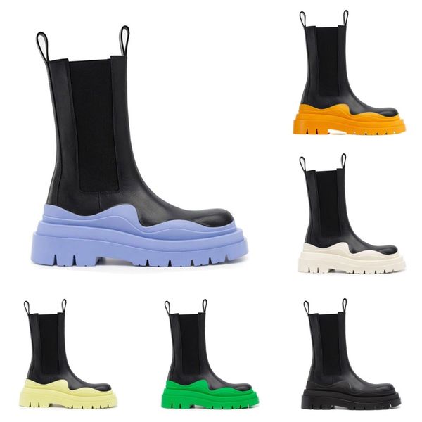 

two tone tire chelsea boots women platform chunky boot lady luxe design men calf desiger mid tube calfskin slip on style round toe boots bla, Black