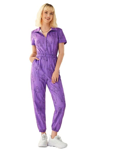 

x december smith figure graphic zipper placket jumpsuit f1sr#, Black;white