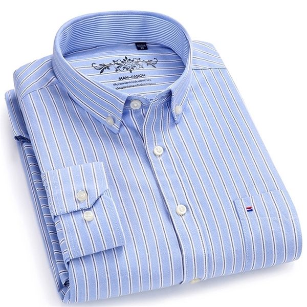 

men's button down casual durable oxford shirt single patch pocket spring autumn long sleeve standard-fit striped plaid shirts 220322, White;black