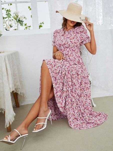 

floral allover print ruffle hem flounce sleeve dress q0lw#, Black;gray