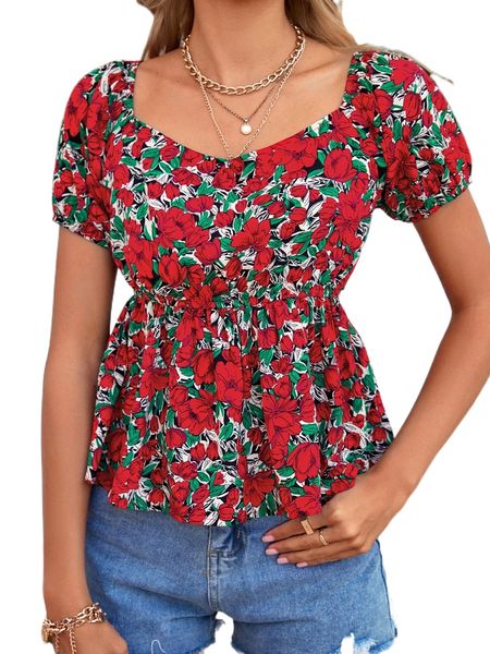 

allover floral print puff sleeve peplum d4se#, White