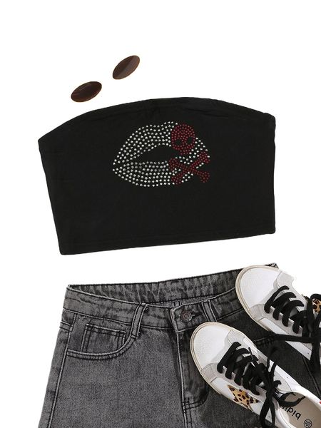 

r.hinestone lip & skull pattern tube t.op i7el#, White