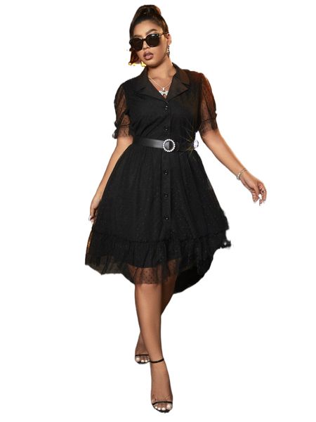 

plus dobby mesh overlay frill trim belted dress a8gf#, Black