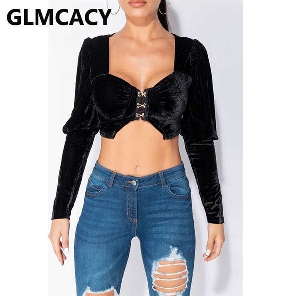 

women long puff sleeve velvet crop 210702, White