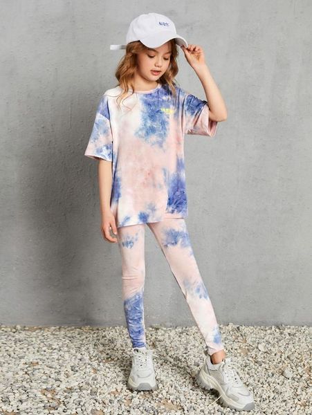 

girls slogan graphic tie dye & leggings set she, White