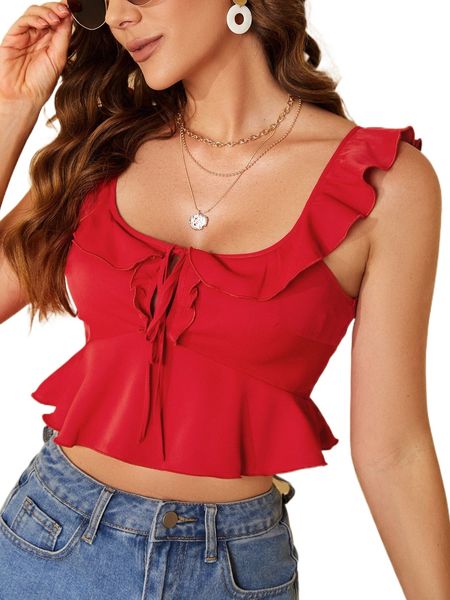 

tie front ruffle trim 411u#, White