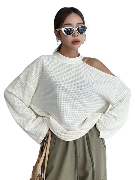 

dazy cut out drop shoulder waffle knit tee c4ip#, White