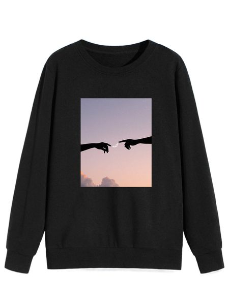 

romwe x 19xcv hand & sky print sweatshirt m3wz#, Black