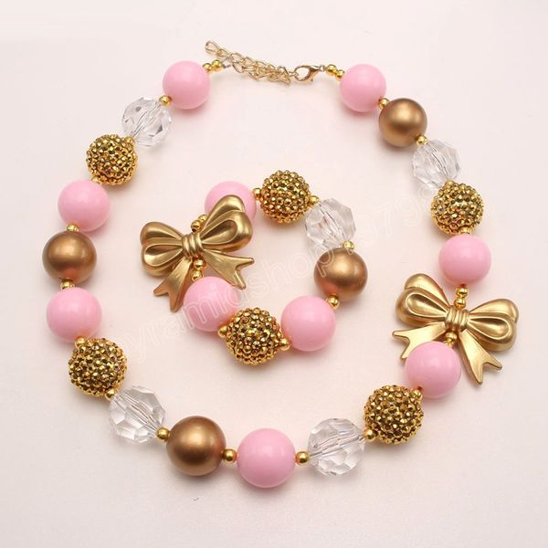 Bezauberndes Baby-Mädchen-Rosa-Perlen-Halsketten-Armband, handgefertigt, mit Schleife, klobiger Armreif, DIY-Strassstein-Schmuckset, Kindergeschenke