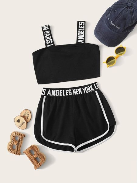 

sheen girls letter shoulder strap short and piping shorts set she, White