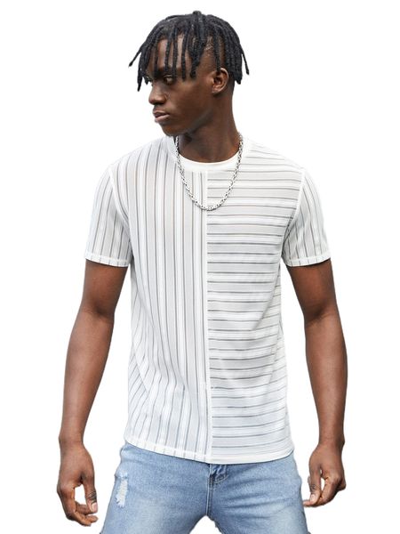 

men striped print spliced tee q1mr#, White;black
