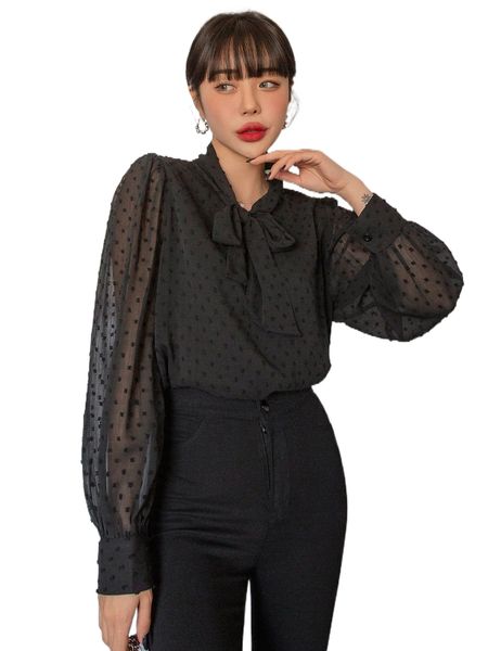 

dazy swiss dot lantern sleeve tie neck blouse f0zb#, White