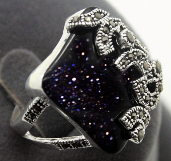 

22x20mm 925 sterling silver blue stone marcasite ring size 7/8/9/10