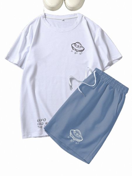 

men spaceship & letter graphic tee & drawstring waist shorts d96c#, Gray