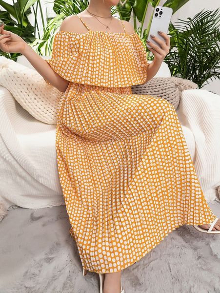 

plus polka dot print cold shoulder pleated maxi dress 41zx#, Black