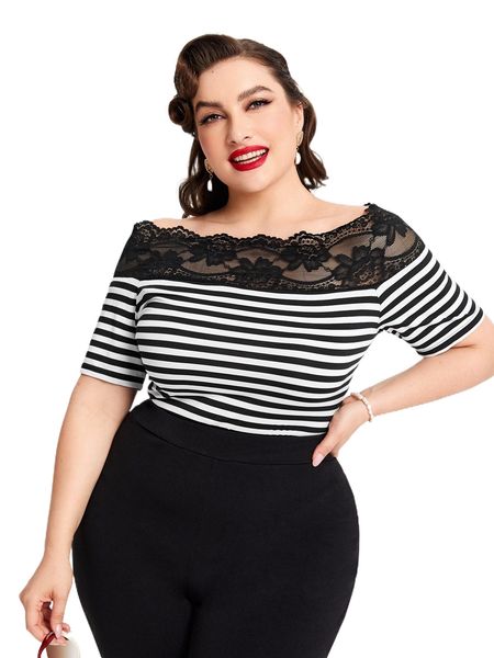 

plus striped contrast lace off shoulder tee f8ej#, Black