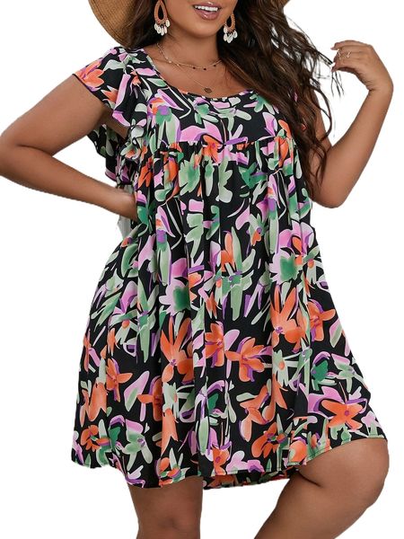 

plus all over floral print smock dress w3zu#, Black