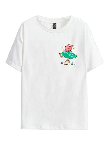 

x silly little thoughts cartoon & mushroom print drop shoulder tee x3ab#, White