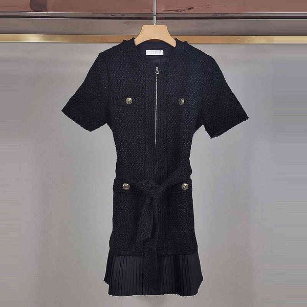 

casual dresses s home spring and summer tweed small fragrance waist stitching pleated dress, Black;gray