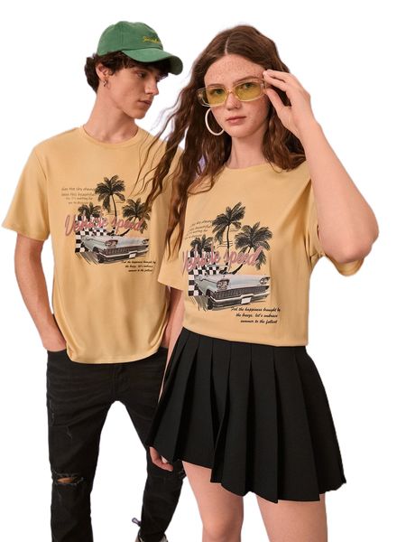 

1pc car & slogan graphic tee j8sj#, White;black