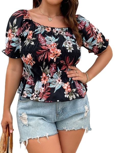 

plus tropical print shirred puff sleeve blouse c276#, Black