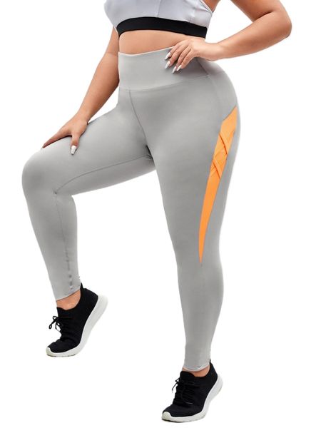 

plus contrast panel wide waistband sports leggings 66ms#, Black