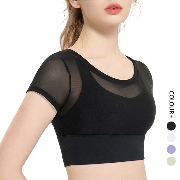 

clothing womens tanks yoga clothes short-sleeved fitness sports running mesh sweat-absorbing fake two-piece gathered underwear bra girls jo, White