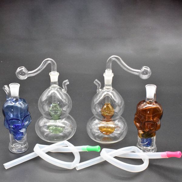 Großhandel Mini 2style 10mm weiblicher Totenkopf Kürbis Glas Ölbrenner Bong Rohr mit Silikonstroh und Bohrinselschale