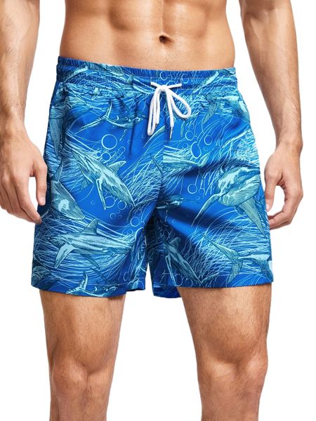 

men shark print drawstring waist shorts p424#, White;black