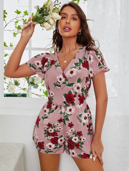 

floral print flounce sleeve romper y2ml#, Black;white