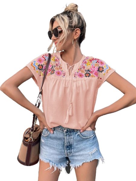 

geo embroidery tassel tie neck batwing sleeve blouse l5vj#, White