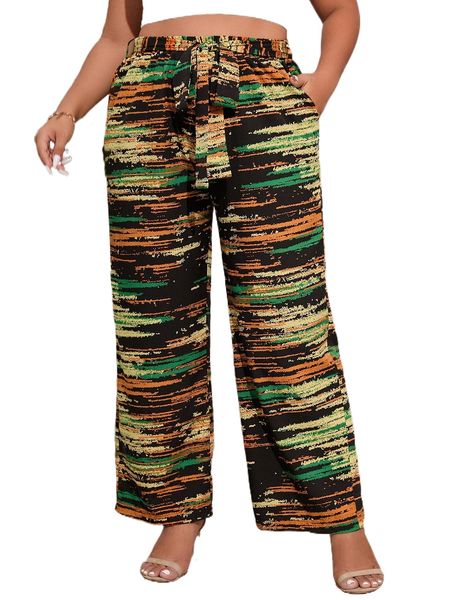 

plus allover print belted wide leg pants w2sq#, Black