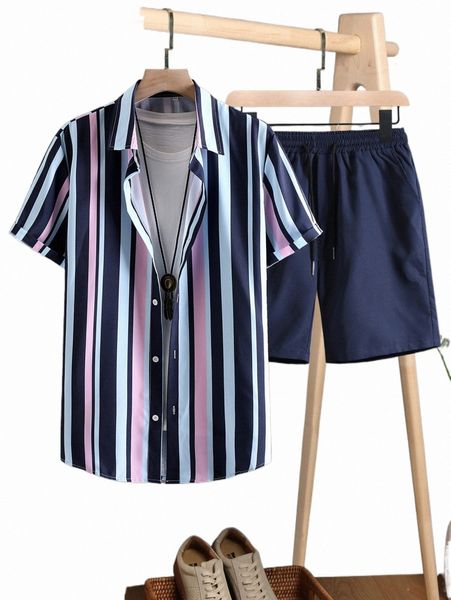 

men striped shirt & drawstring waist shorts without tee d02t#, Gray