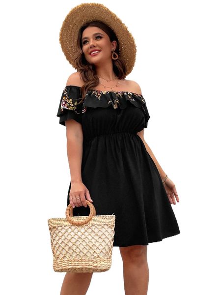 

plus floral ruffle off the shoulder a-line dress d4g0#, Black