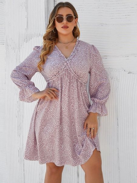 

plus allover print frill trim flounce sleeve dress 01rj#, Black