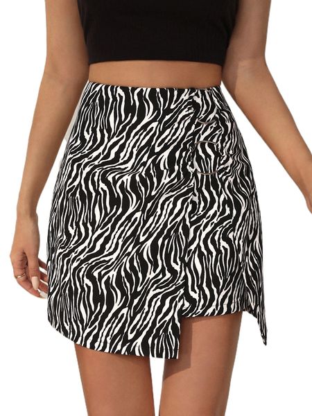 

zebra stripe asymmetrical hem skirt 28h9#, Black